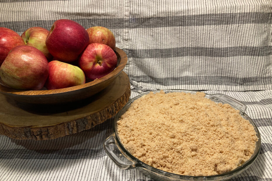 Apple Crisp and wooden bowl of apples