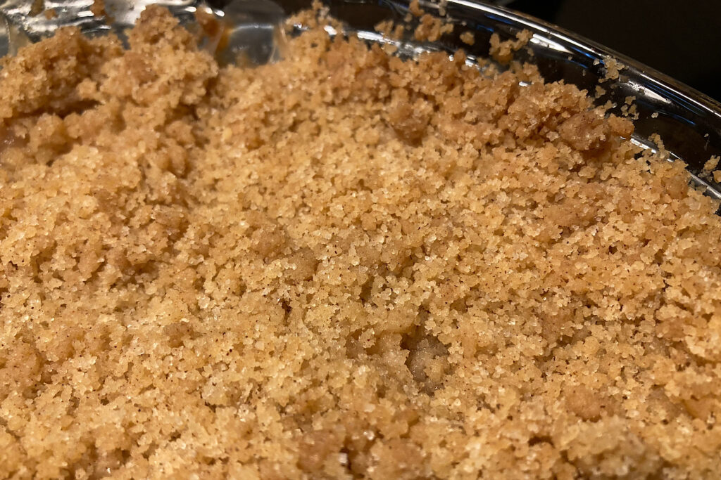 Close-up of baked apple crisp topping crumble