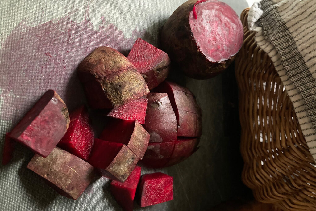 Chopped beets on cutting board