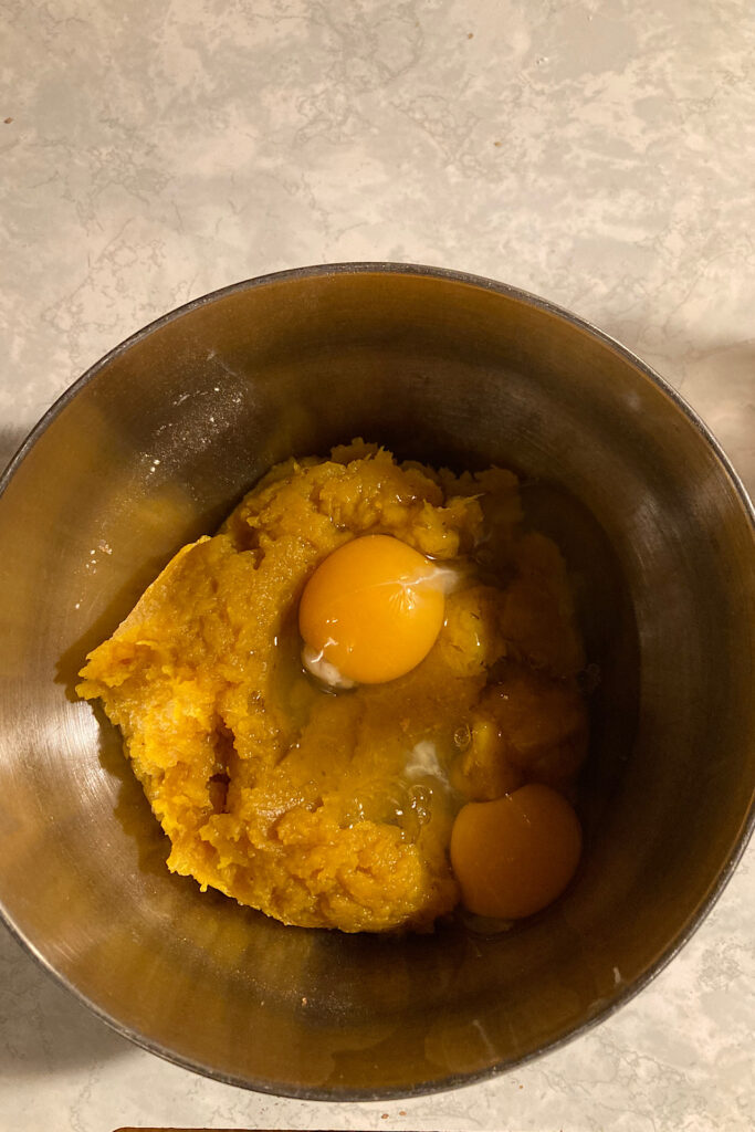 Wet Ingredients in Bowl for Pumpkin Muffins