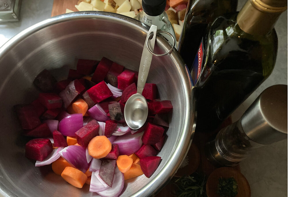 Chopped Root Vegetables in Mixing Bowl