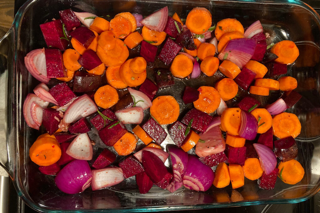 Balsamic Glazed Root Vegetables in baking dish