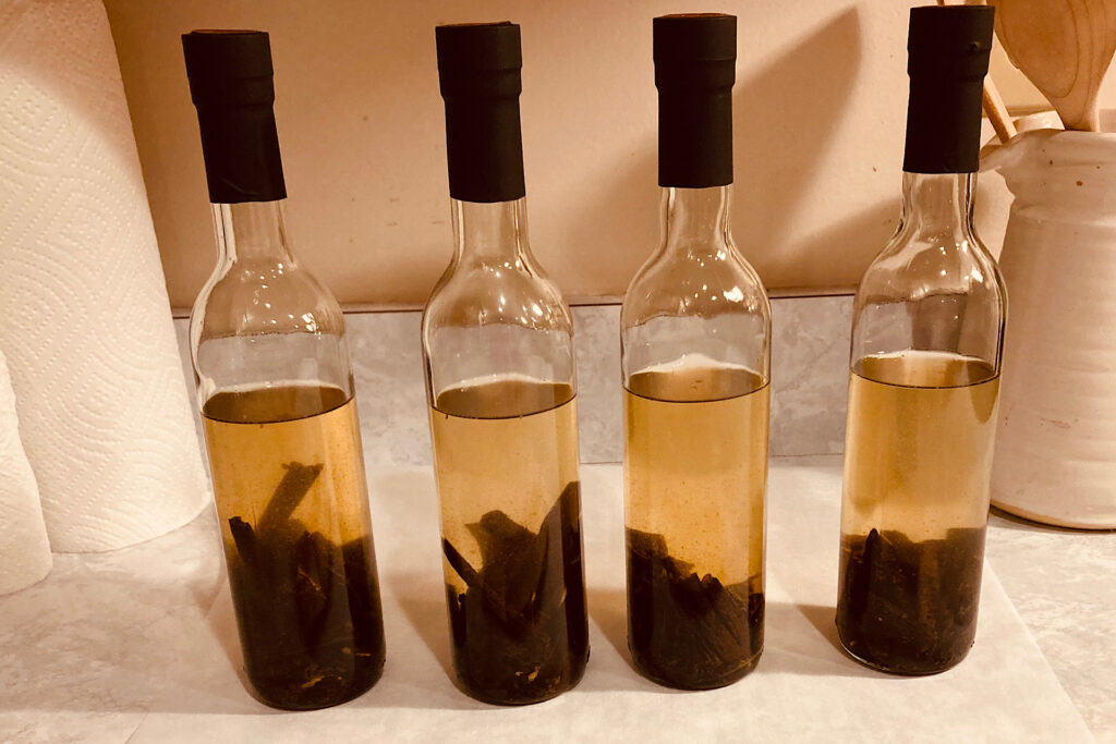 Vanilla extract bottles after filling