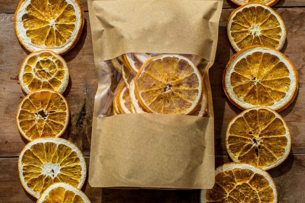 Stone-dried orange slices in storage bags