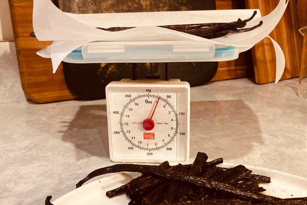 Weighing vanilla beans for DIY Vanilla Infusion/Extract