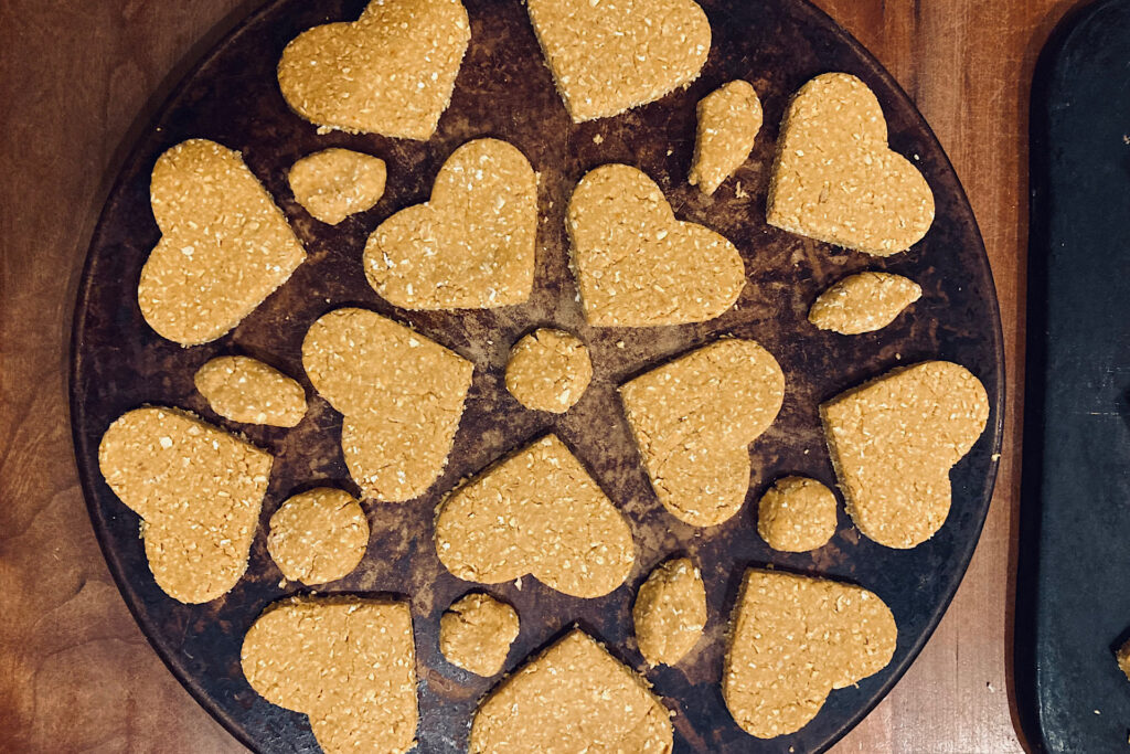 Peanut Butter-Pumpkin Dog treats on pizza stone