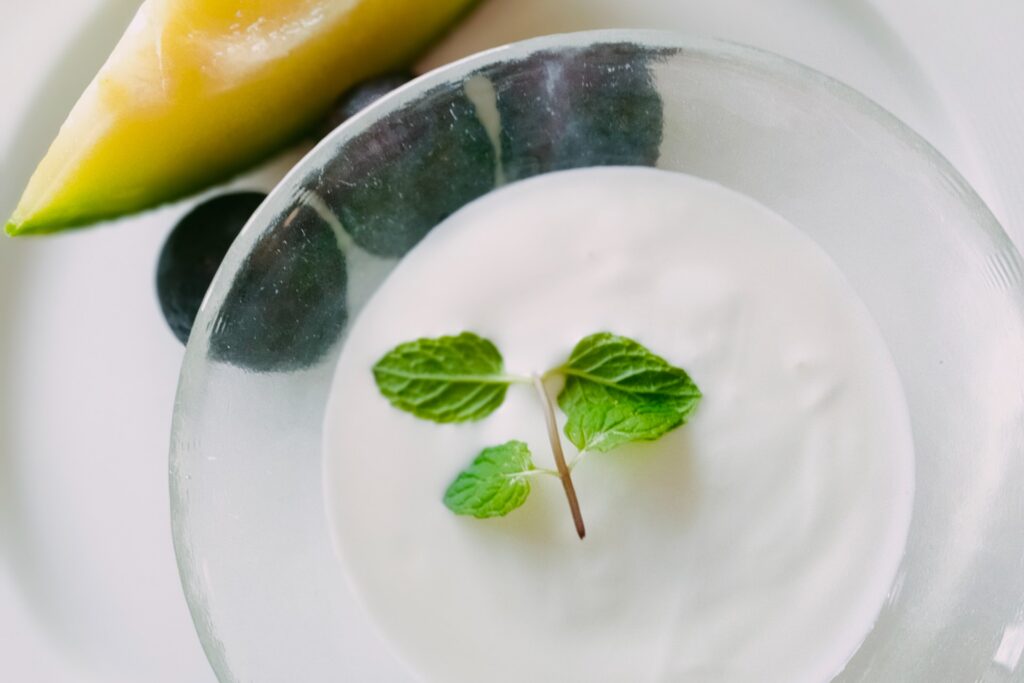 Bowl of Yogurt With Mint and Fruit