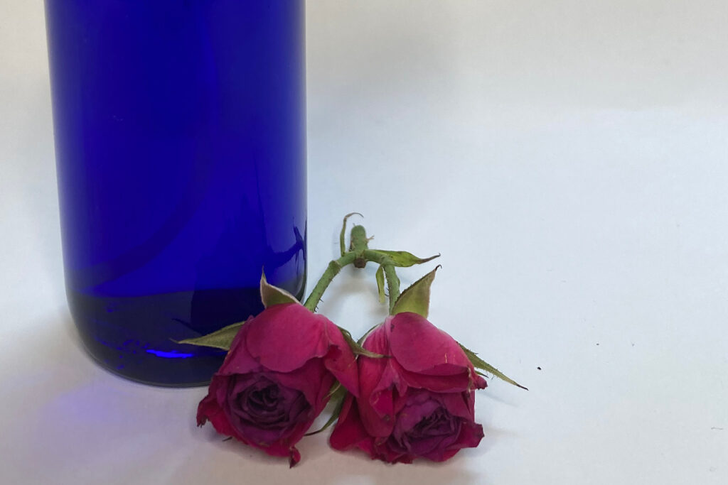 Blue Glass Spray Bottle and Roses