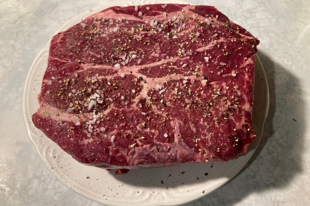 Chuck Roast prepped with Salt and Pepper for Slow Cooker French Onion Recipe