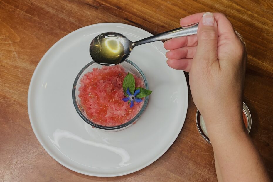 Spoon Drizzling Honey-Basil Syrup over Shaved Watermelon Ice