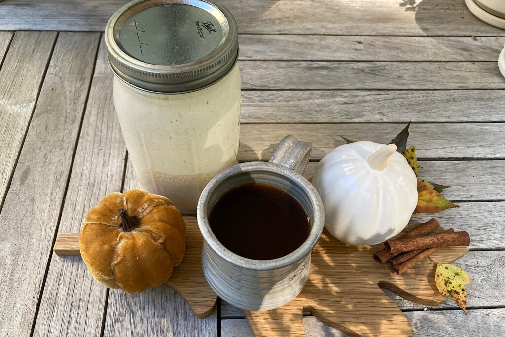 Black Coffee with Mason Jar of Pumpkin Spice Half and Half