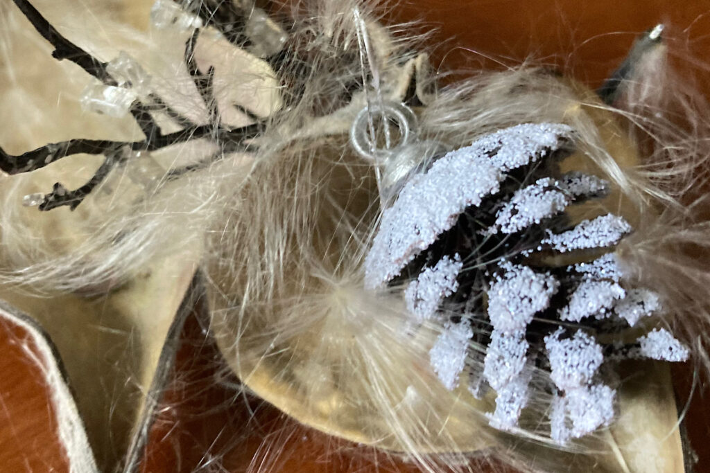 Milkweed feathers in Christmas decor