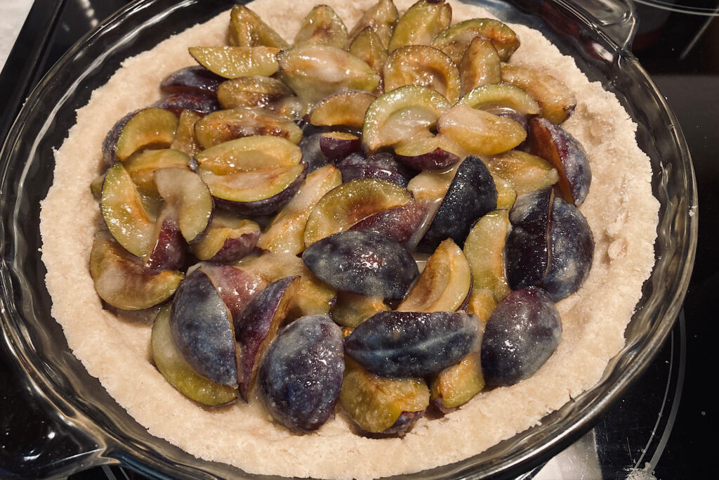 Filling the tart with plums