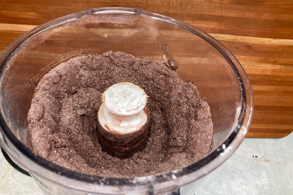 Chocolate Wafer Dough Coming Together in Food Processor