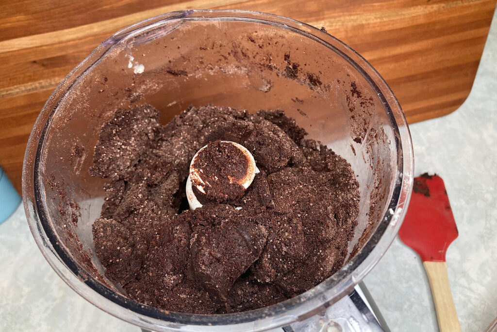 Chocolate Wafer Dough in Ball Stage in Food Processor