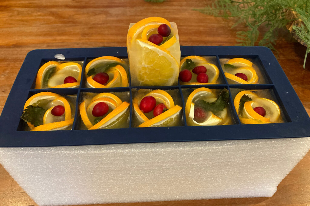 Finished Citrus Bloom Ice Cubes with one popped up from Tray