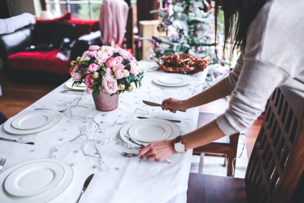 Floral arrangement on holiday dining table