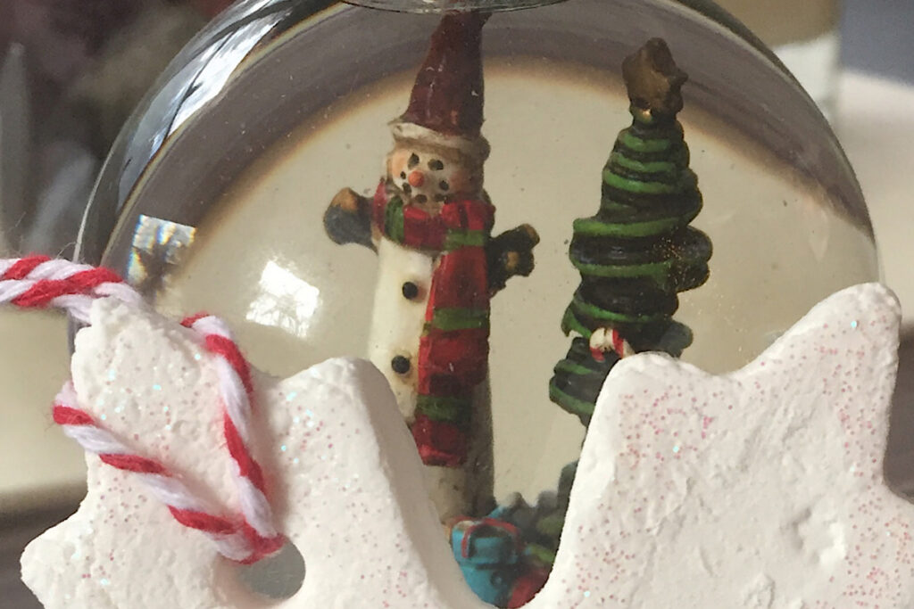 Closeup of ornament with snow globe.