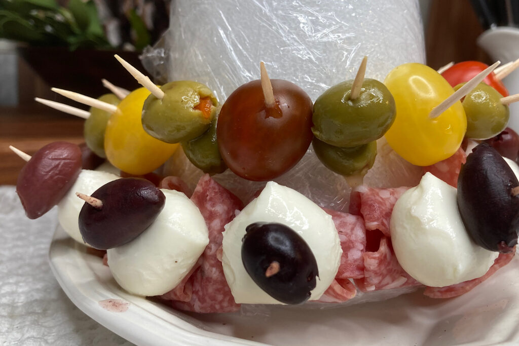 Mozzarella Salami Tomato and Olive Toothpick Base for Christmas Appetizer Tree