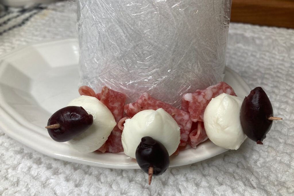 Salami Mozzarella and Olive Picks on Christmas Appetizer Tree Base