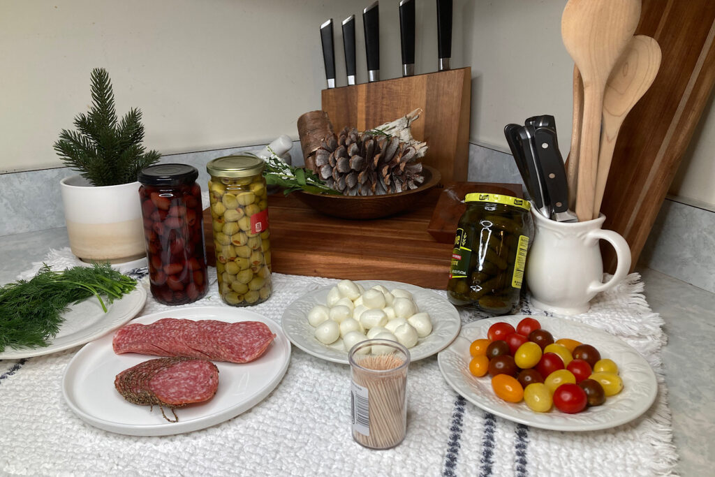 Salami, tomatoes cheese and Olives for Christmas Tree Appetizer