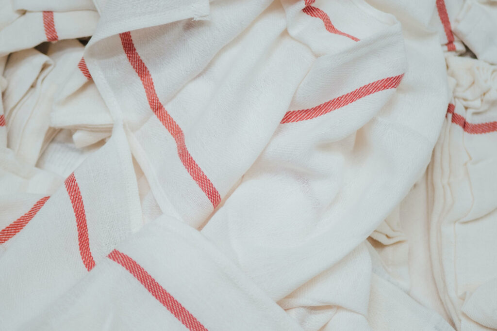 closeup of red striped kitchen towels