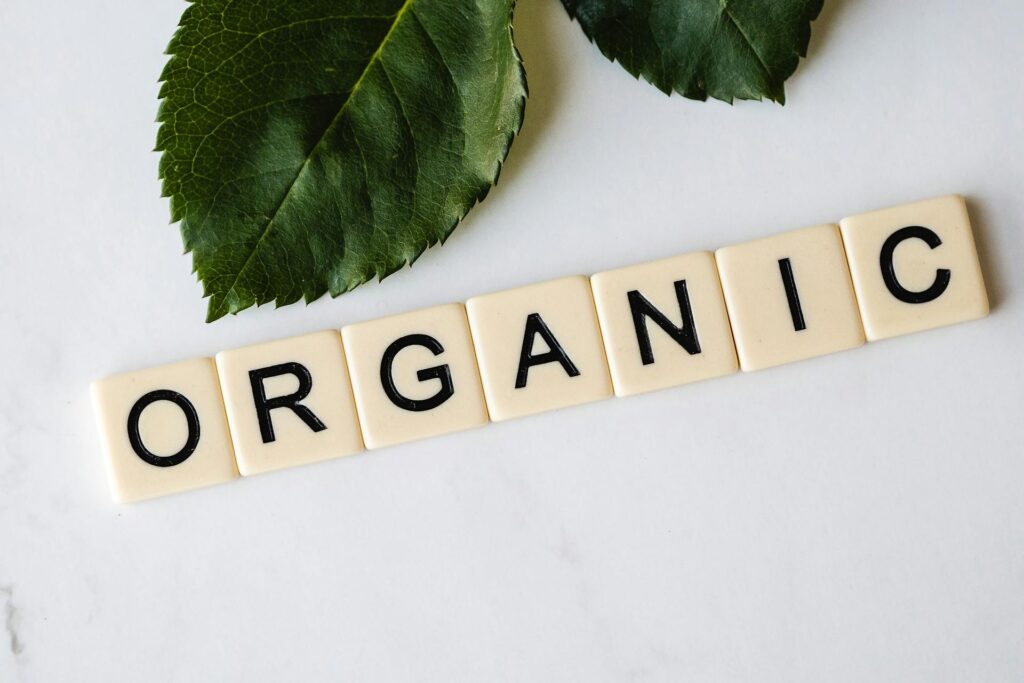 the word organic spelled on tiles with leaf