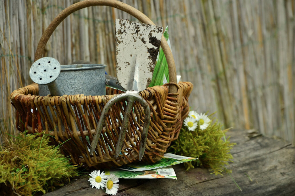 Gardening basket, tools and seed packets