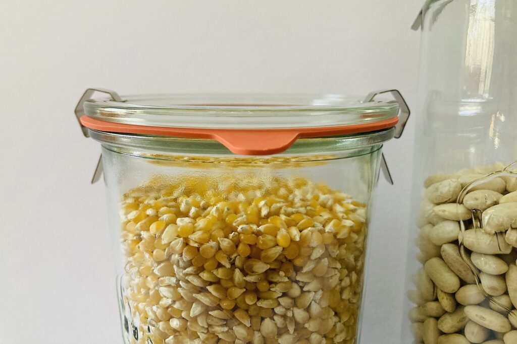 popcorn seeds in Weck jar for pantry organization