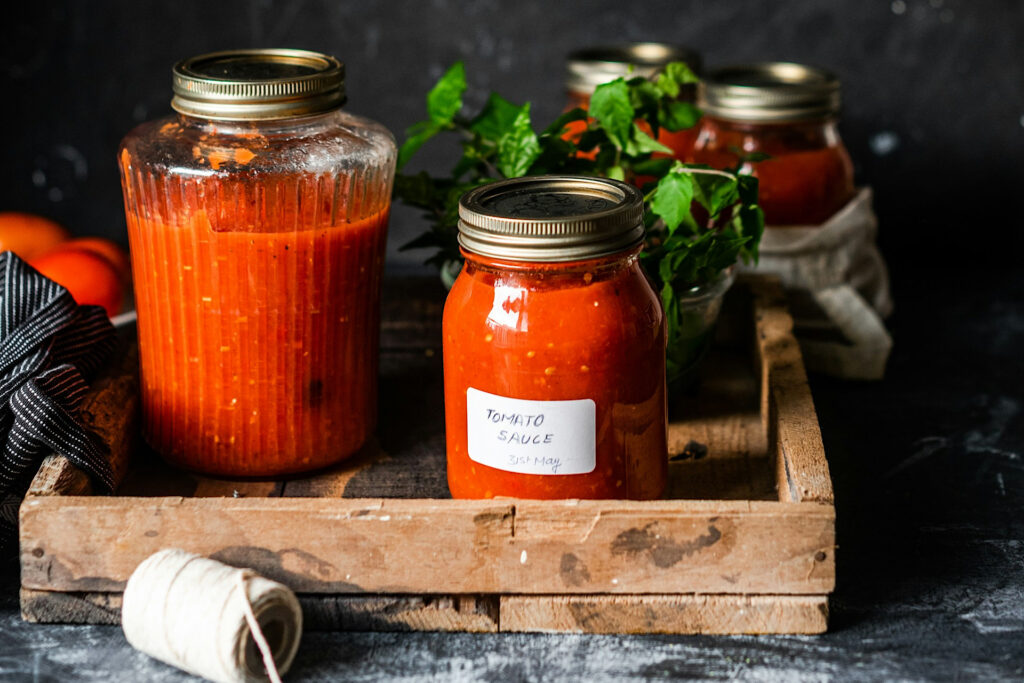 jars of homemade tomato sauce in wooden tray