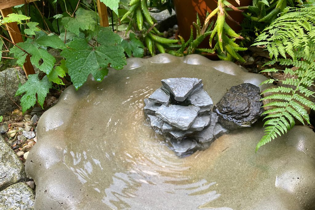 birdbath fountain cord hidden by rocks and greenery