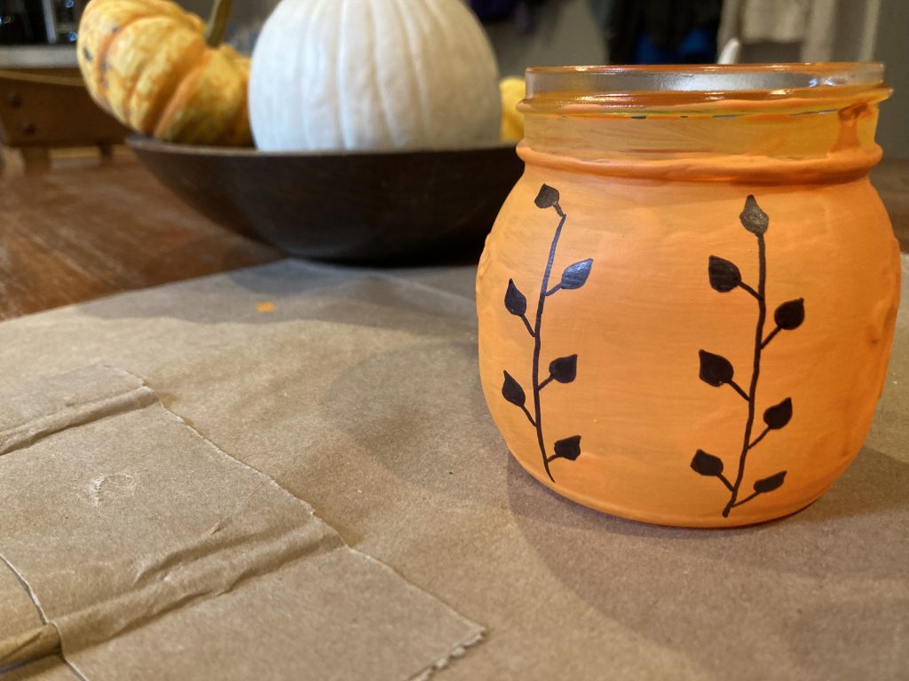 Two vines drawn on fall mason jar