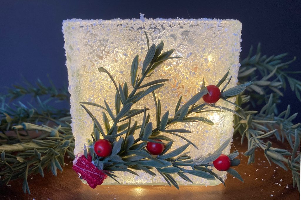 Frosted epsom salt candle jar with greenery