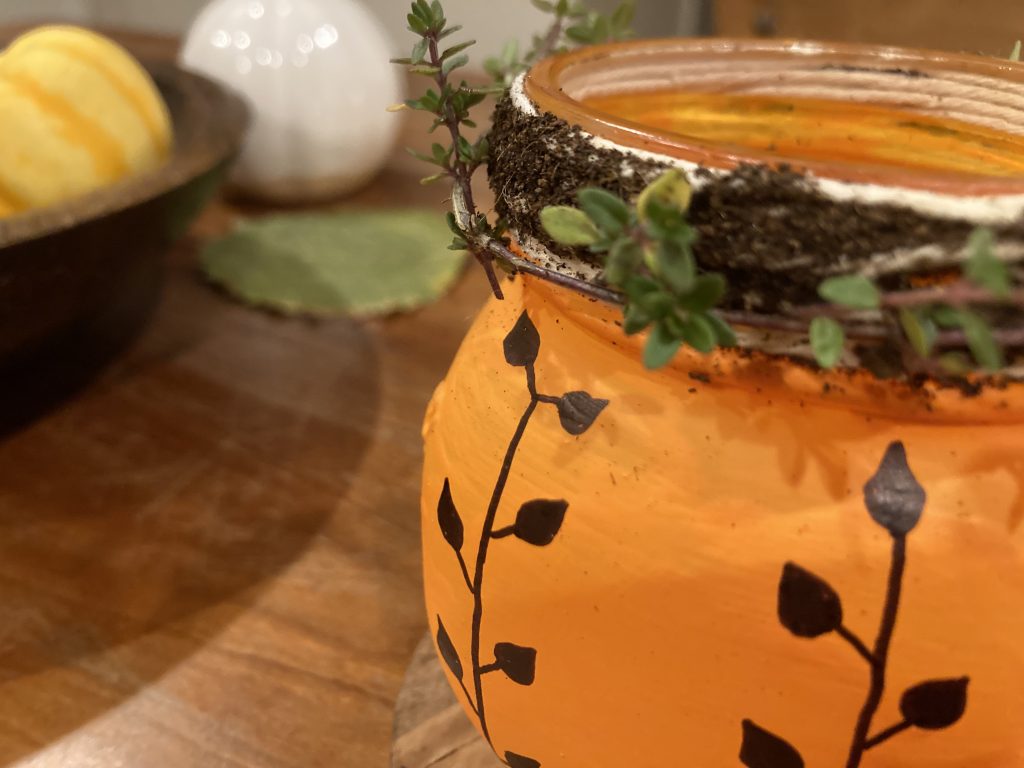 Thyme sprig added to fall mason jar pumpkin lantern