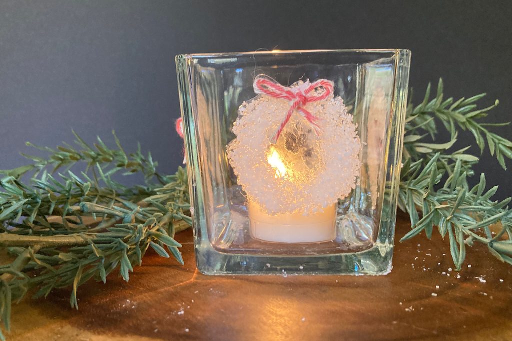 Frosted wreath candle jar