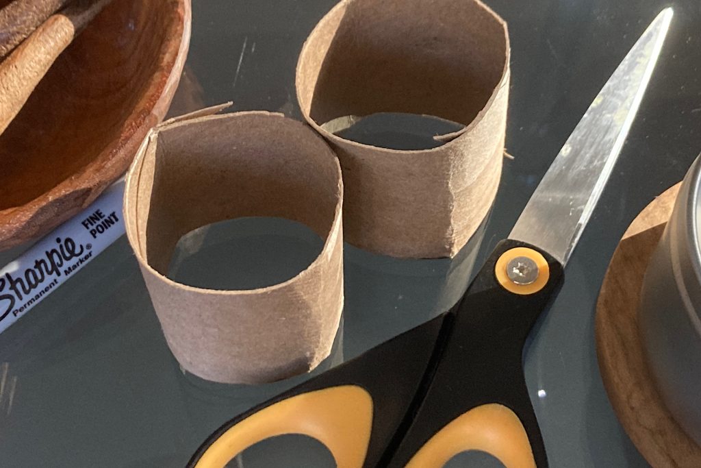 scissors with cardboard tube cut in half