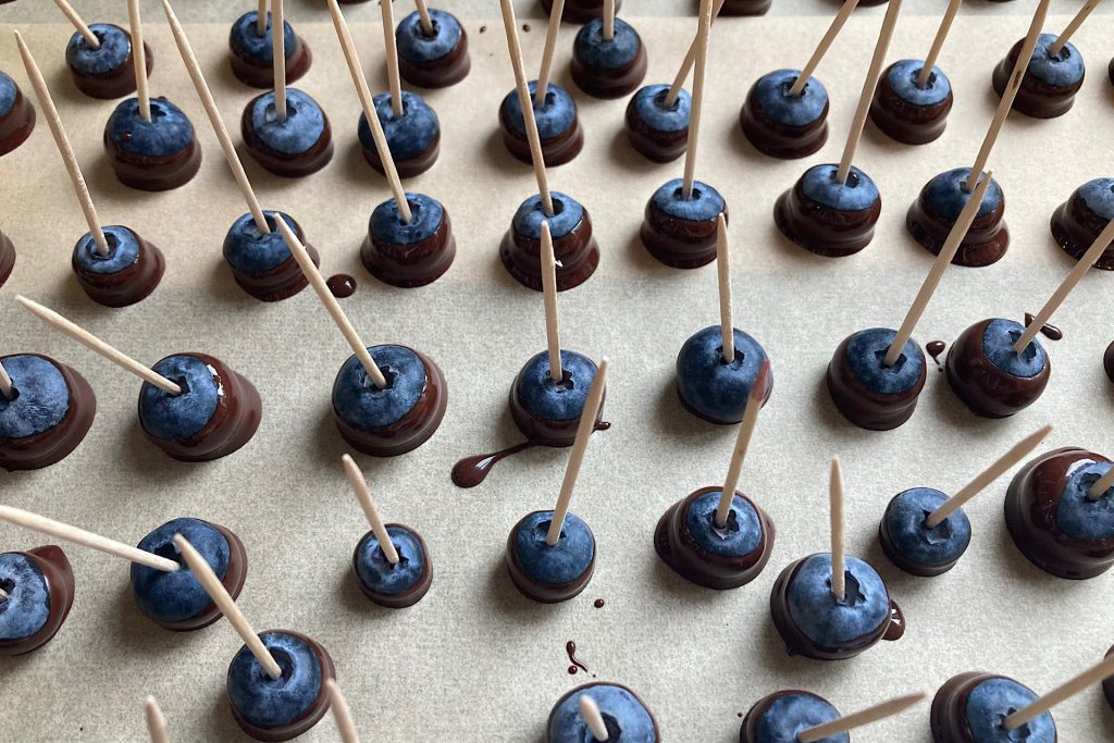 drying chocolate dipped blueberries