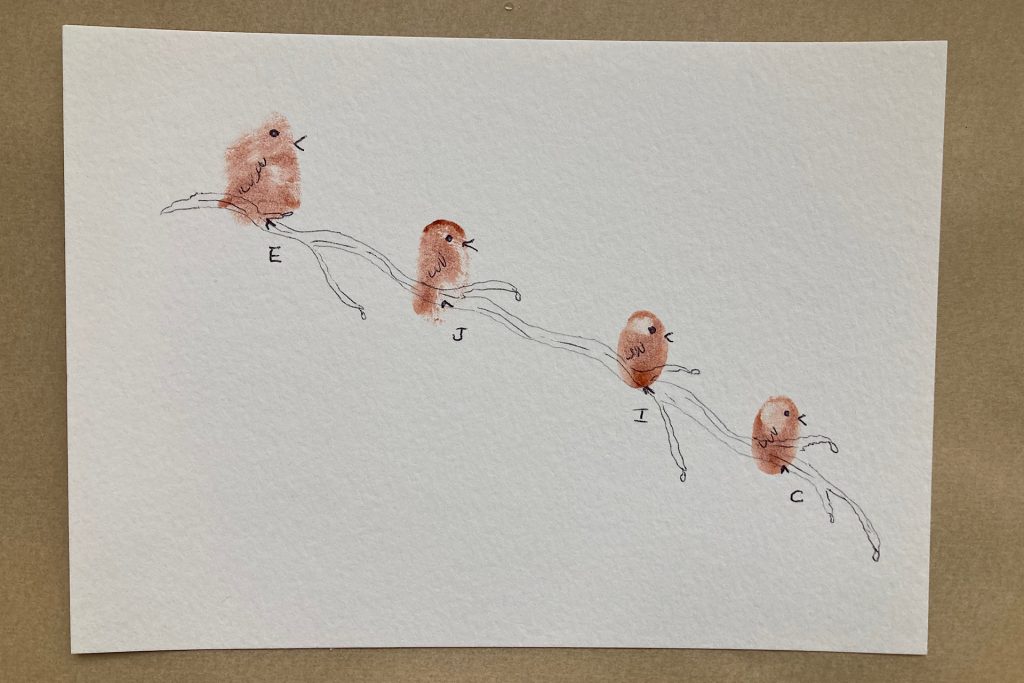 adding initials to family of birds of fingerprint birds on a branch