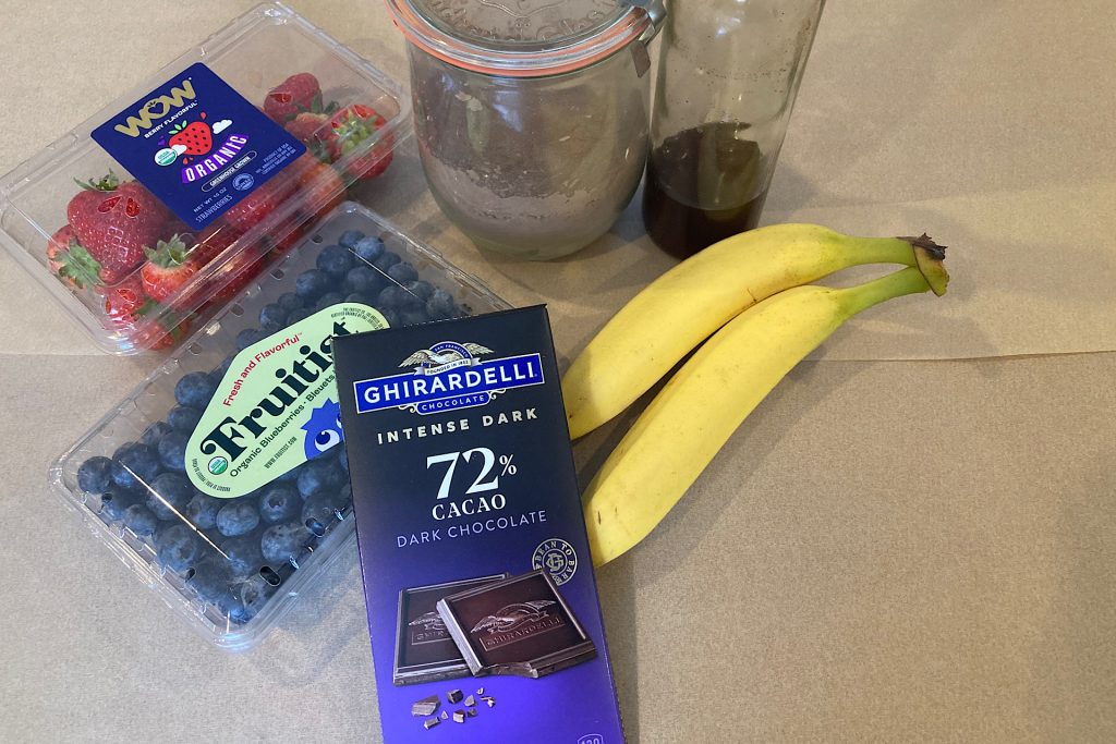 chocolate bar, bananas, berries, cocoa and vanilla