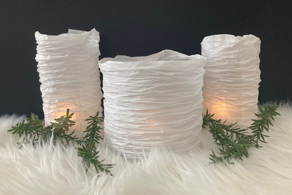 Finished DIY Parchment Paper Lanterns with greenery