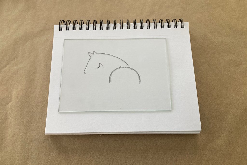 glass from frame layed over horse drawing