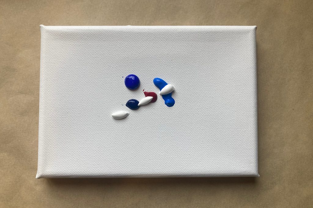 dollops of blue, white and crimson acrylic paint on 5x7 canvas