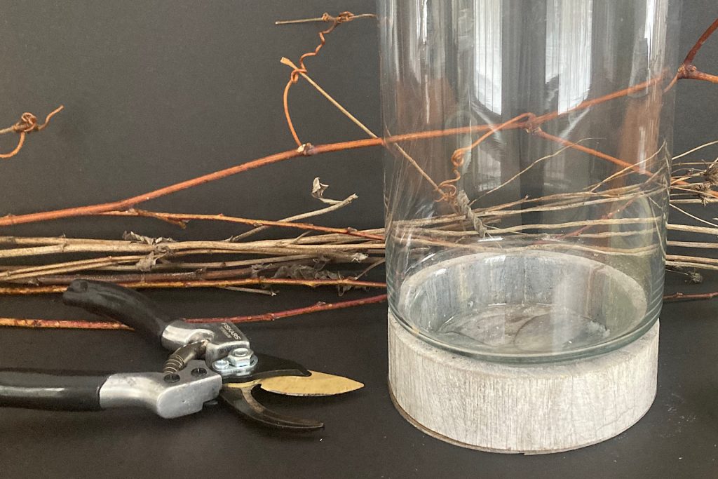 garden shears, twigs and glass vase on black tabletop