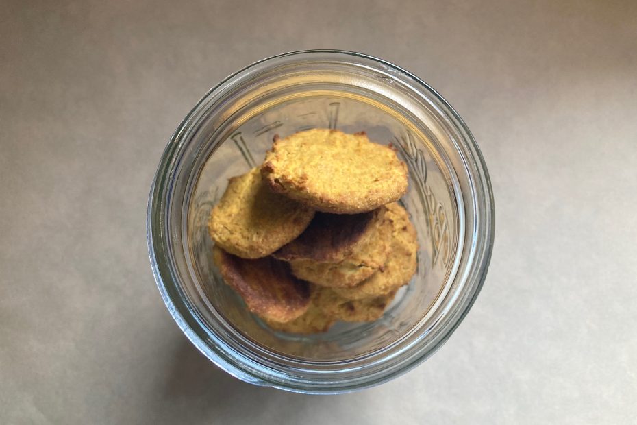 homemade dog biscuits in mason jar viewed from top