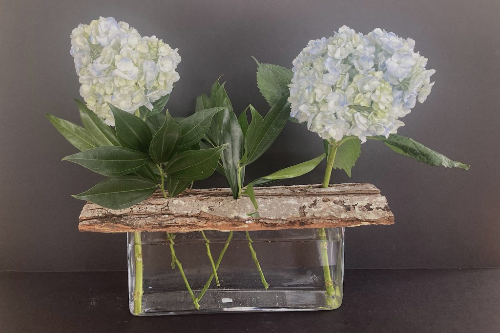 filling greenery in between hydrangea blooms in woodland vase