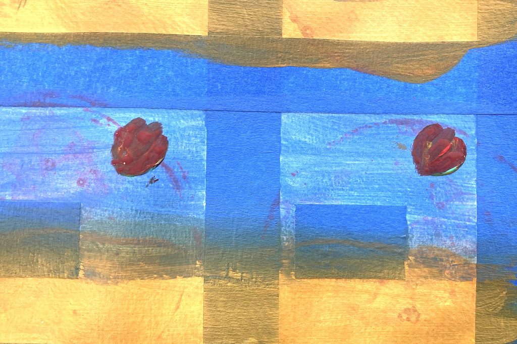 two red tulip heads painted on grid